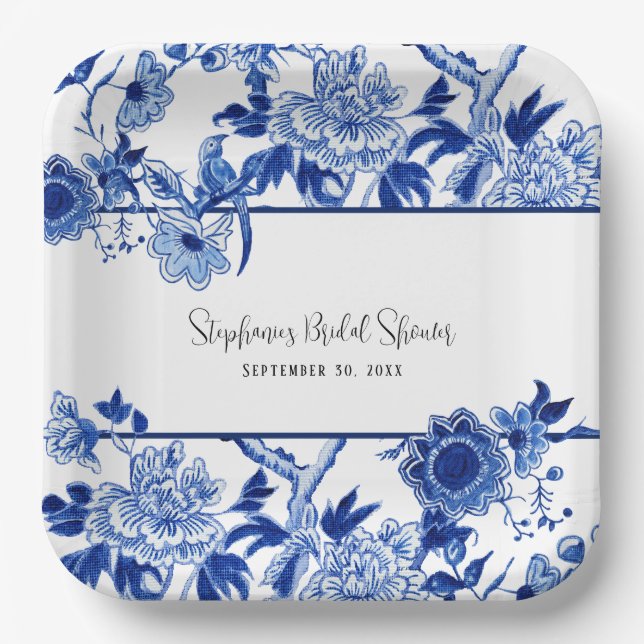 Plato De Papel Elegante Chinoiserie Floral Blue and White Bridal (Anverso)