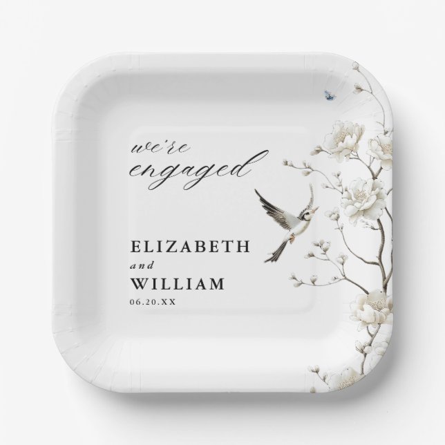 Plato De Papel Elegante Chinoiserie Floral Garden Engagement Part (Anverso)