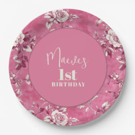 Plato De Papel Elegante Chinoiserie rosa Fiesta de cumpleaños 1