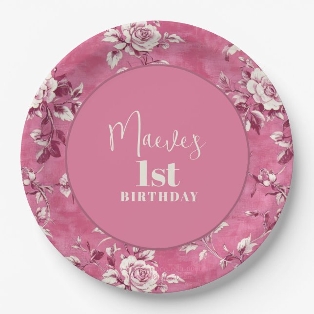 Plato De Papel Elegante Chinoiserie rosa Fiesta de cumpleaños 1 (Anverso)