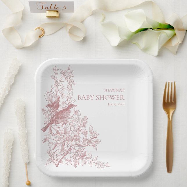 Plato De Papel Elegante Chinoiserie rosada Naturaleza Aves Baby S (Boda)