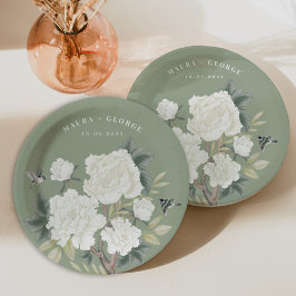 Plato De Papel Elegante Chinoiserie Sage Green Floral Bird Boda
