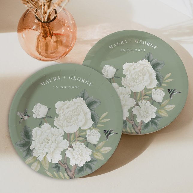 Plato De Papel Elegante Chinoiserie Sage Green Floral Bird Boda (Subido por el creador)
