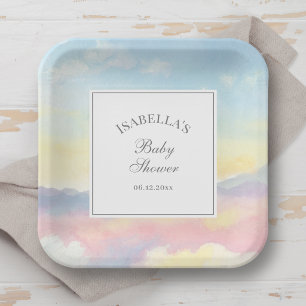 Plato De Papel Elegante cielo y nubes de acuarela para baby showe