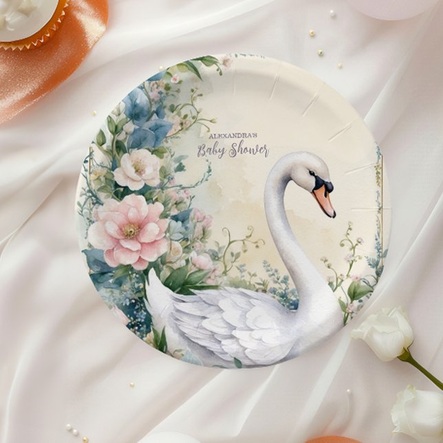 Plato De Papel Elegante cisne floral Rubor rosado Baby Shower (Subido por el creador)