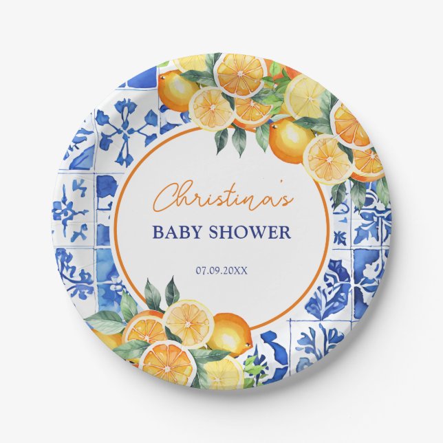 Plato De Papel Elegante Citrus Blue Tiles Baby Shower (Anverso)