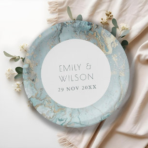 PLATO DE PAPEL ELEGANTE CLASE AQUA DUSKY AZUL GOLD AGATE BODA