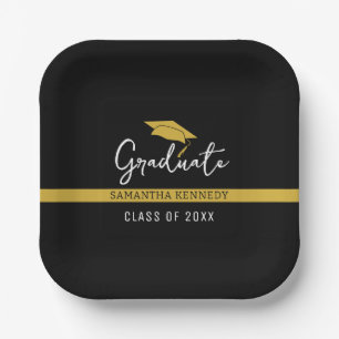 Plato De Papel Elegante Clase Negra y Oro de 2025 Graduación Cap