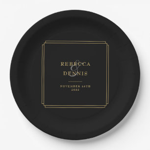 Plato De Papel Elegante Clásico Art Deco Negro Y Boda Oro