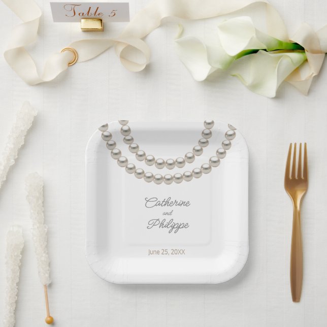 Plato De Papel Elegante collar de perlas (Boda)