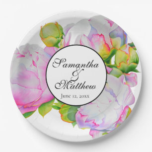 Plato De Papel Elegante color de agua blanco rosa peony floral