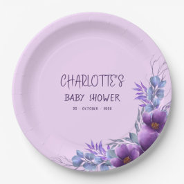 Plato De Papel Elegante color de agua morado flor Baby Shower