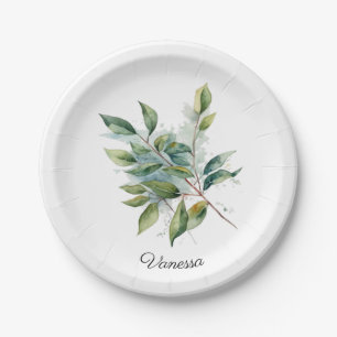 Plato De Papel Elegante color de agua verde oliage, personalizado