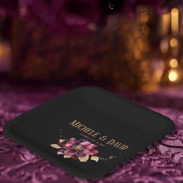 Plato De Papel Elegante comedor en Black Gold Burgundy Square (Subido por el creador)