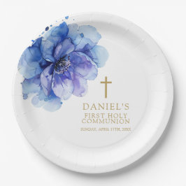 Plato De Papel Elegante Comunión floral acuarela azul