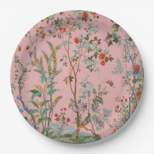 Plato De Papel Elegante con flor de pájaro de Chinoiserie rosa