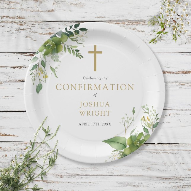 Plato De Papel Elegante confirmación de ecología Eucalyptus (Elegant Eucalyptus Greenery Confirmation Paper Plates)