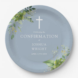 Plato De Papel Elegante Confirmación de Verde Polvoriento Azul