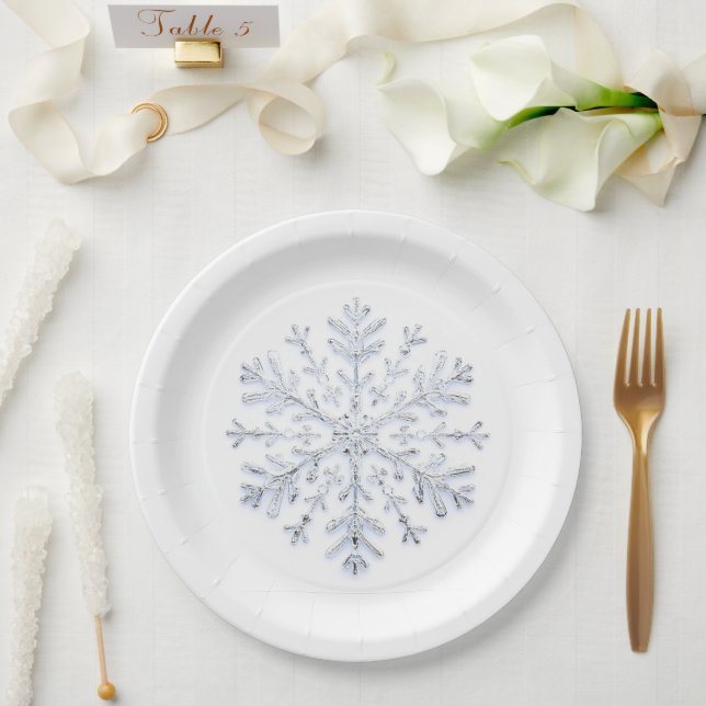 Plato De Papel Elegante copo de nieve de Navidades plateados (Boda)
