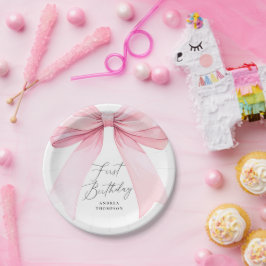 Plato De Papel Elegante Coquette Rosa Bow Primer Chica de Cumplea