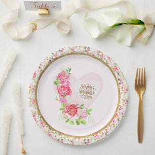 Plato De Papel Elegante Corazón de Rosa Feliz Día de la Madre Fie