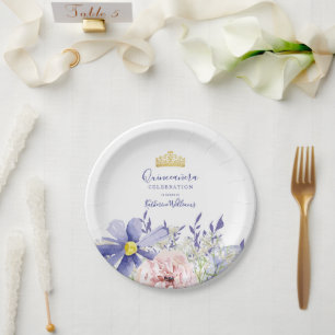 Plato De Papel Elegante Corona de Oro Floral Púrpura Rosa Quincea