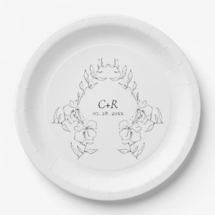 Plato De Papel Elegante Corona Floral Moderna Negra/Blanca
