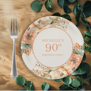 Plato De Papel Elegante Crema de Peach Floral 90 cumpleaños