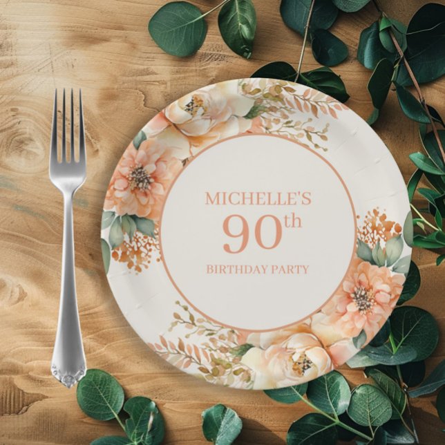 Plato De Papel Elegante Crema de Peach Floral 90 cumpleaños (Peach and cream watercolor floral birthday party paper plates)