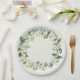 Plato De Papel Elegante Crema Snowberry + Eucalyptus Wreath Boda