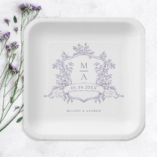 Plato De Papel Elegante Cresta Floral de Lavanda Monograma Boda