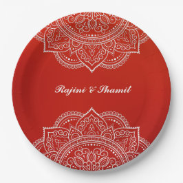 Plato De Papel Elegante Crimson White Mandala Boda hindú indio