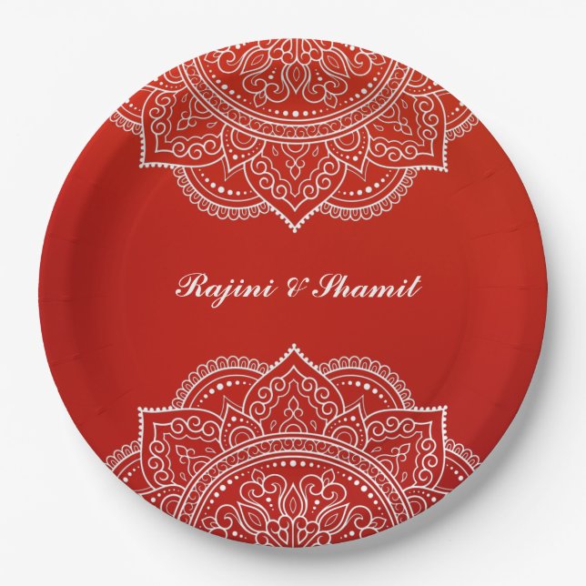 Plato De Papel Elegante Crimson White Mandala Boda hindú indio (Anverso)