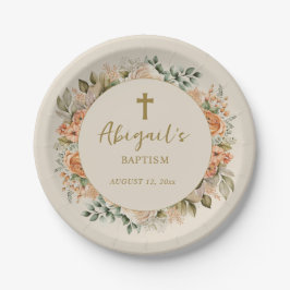 Plato De Papel Elegante Cross Peach Cream Floral Baby Baptism