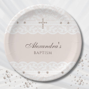 Plato De Papel Elegante Cruz Bautizo Bautismo Cristiano