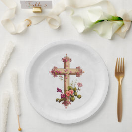 Plato De Papel Elegante cruz de madera con flores rosas