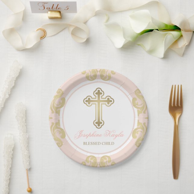 Plato De Papel Elegante Cruz de Oro Bautizo de Niña Damask Blush (Boda)