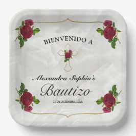 Plato De Papel Elegante Cruz Dorada Rosas Rojas Niñas Bautizo