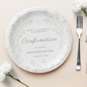 Plato De Papel Elegante Cruz Floral Confirmación Agradecimiento
