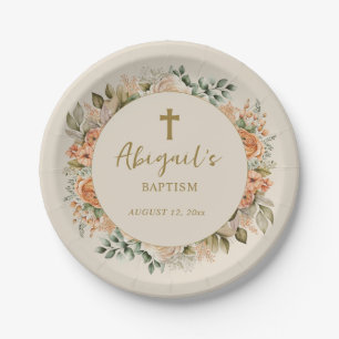 Plato De Papel Elegante Cruz Melocotón Crema Floral Bautizo Niña