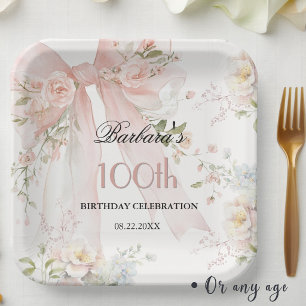 Plato De Papel Elegante cumpleaños 100 con lazo rosa floral acuar