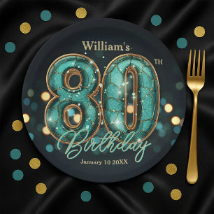 Plato De Papel Elegante Cumpleaños 80 en Turquesa y Dorado Vibran