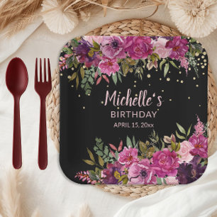 Plato De Papel Elegante Cumpleaños con Brillo Floral Rosa Negro P