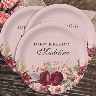 Plato De Papel Elegante Cumpleaños Floral Rosa Burdeos Feliz