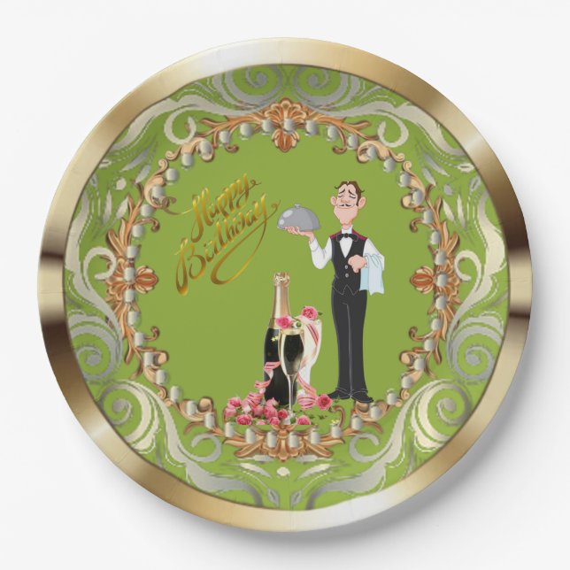 Plato De Papel Elegante cumpleaños Funny Butler (Anverso)