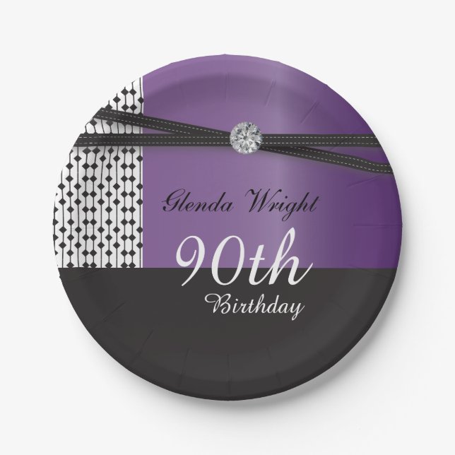 Plato De Papel Elegante cumpleaños morado y negro (Anverso)