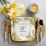 Plato De Papel Elegante Daffodils Amarillo Floral 21º cumpleaños<br><div class="desc">Elegante diseño floral de daffodils amarillos "Fiesta de cumpleaños 21" con un marco cuadrado floral de daffodils que rodean un marco blanco y verde sobre un fondo amarillo y blanco angustiado.</div>