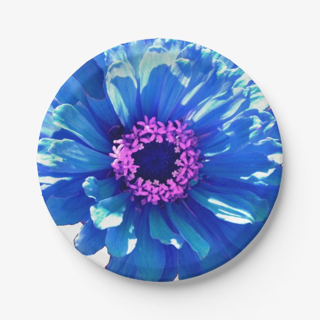 Plato De Papel Elegante daisy floral azul zinnia dahlia (Anverso)