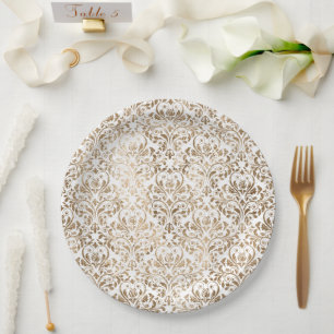 Plato De Papel Elegante Damasco de Moda blanca dorada