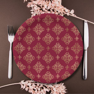 Plato De Papel Elegante Damasco De Oro En Borgoña